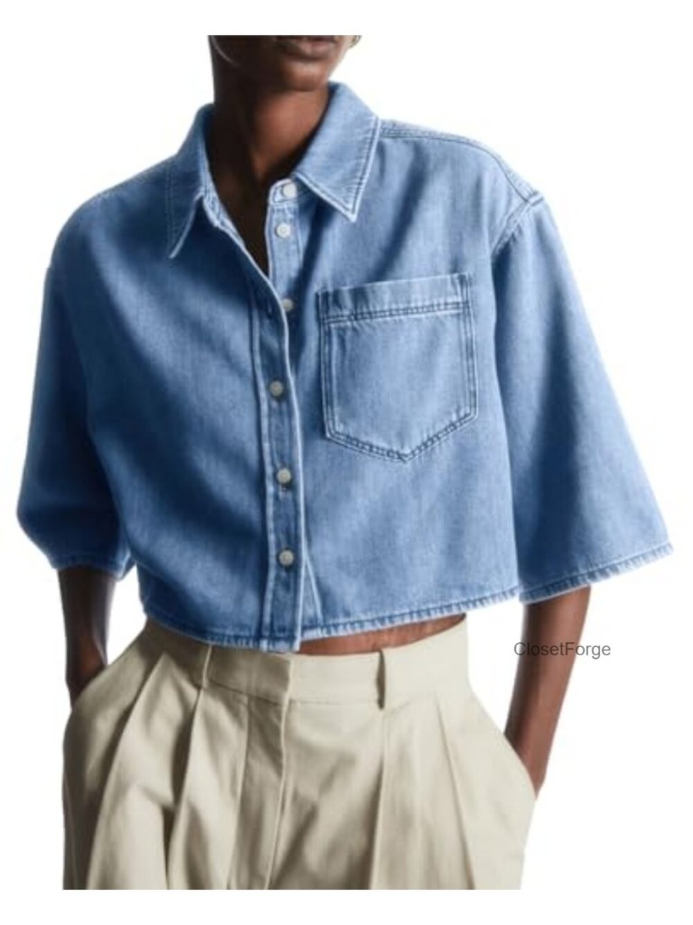 Womens Cropped Denim Button Down Shirt Half Sleeve Jean Jacket Top